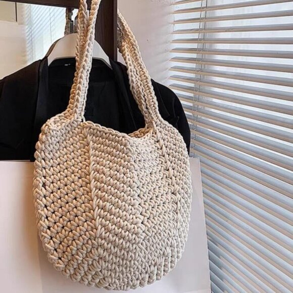 Summer Beach Handbag Womens Crochet Cotton Rope Large Woven Shoulder Bag - Picture 5 of 5